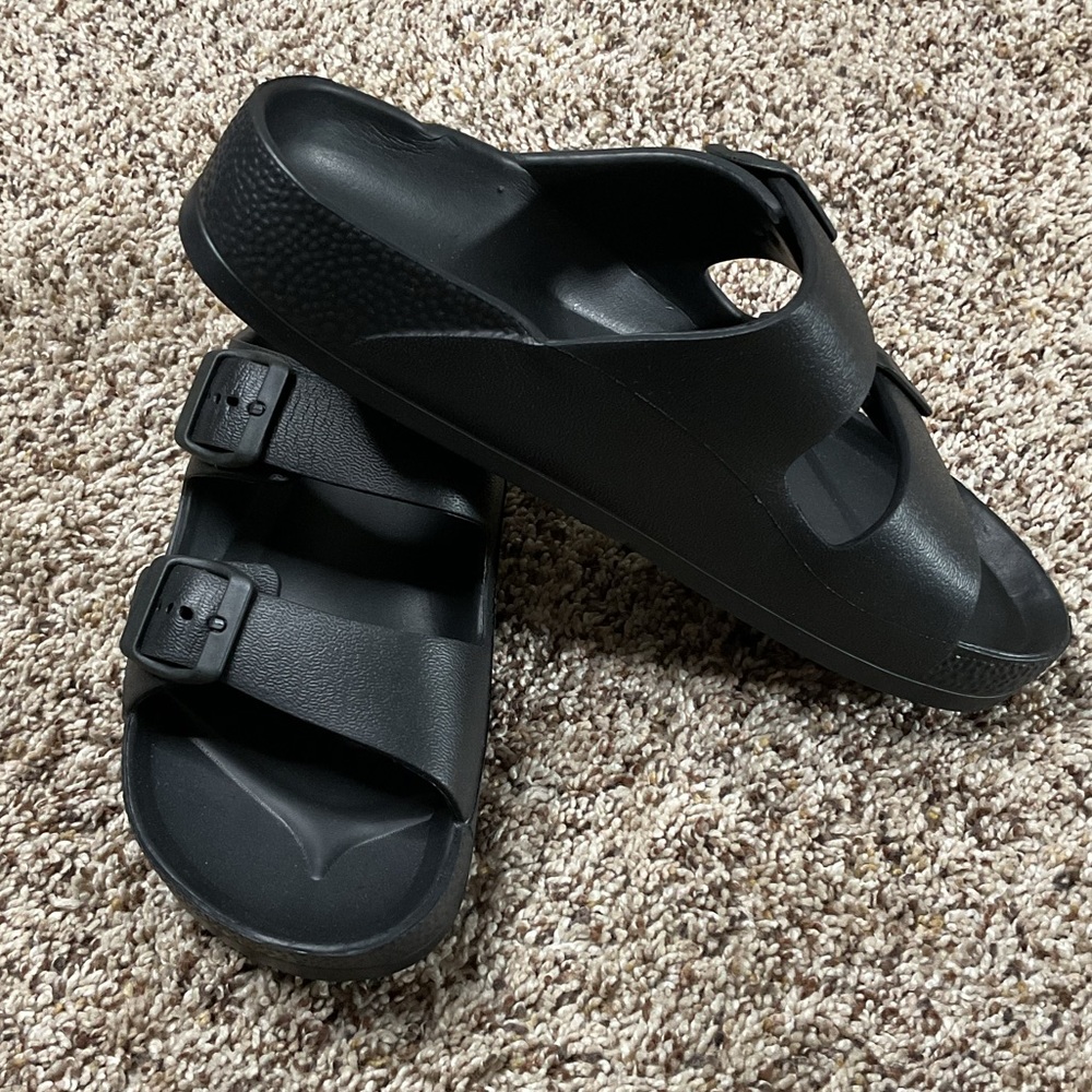 NEW H2K | Womens Lightweight Black EVA Double Buckle Comfy Slide Sandals, Size 8